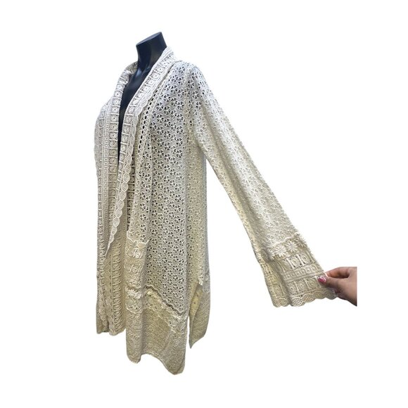 NWT Johnny Was Open Front Cream Eyelet Cardigan w/Lace & Floral Details - Picture 5 of 9